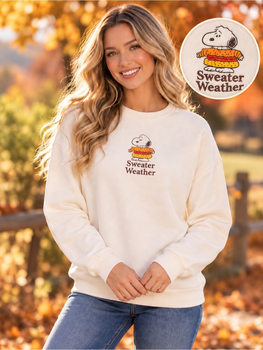 NWT PEANUTS ‘Sweater Weather’ Snoopy Graphic Crewneck Sweatshirt - Cream